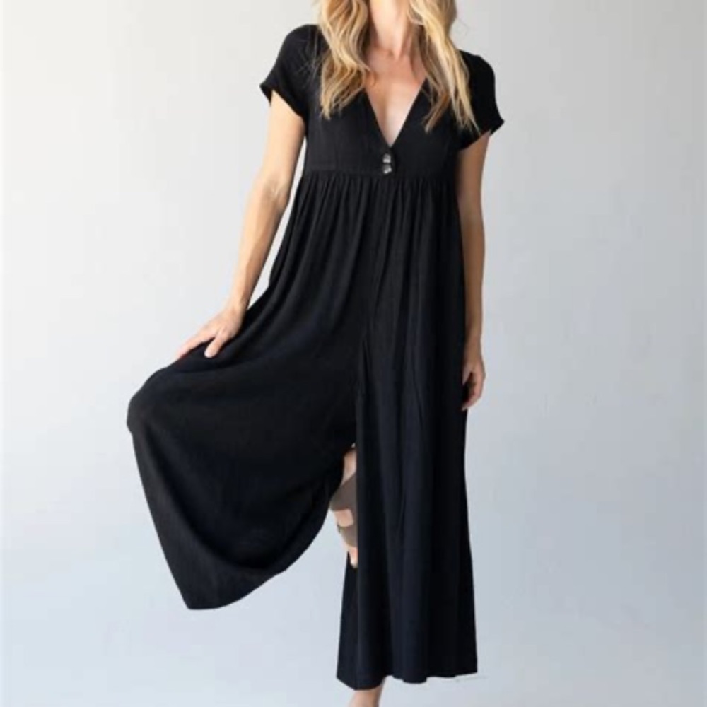 Black V-Neck Button NATURAL LIFE Jumpsuit